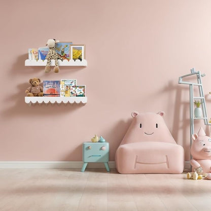 Floating Nursery Book Shelves, Scalloped Shelves for Kids Room 20 Inches, Nursery Bookshelf for Wall Set of 2, Nursery Shelves for Wall Wood, White