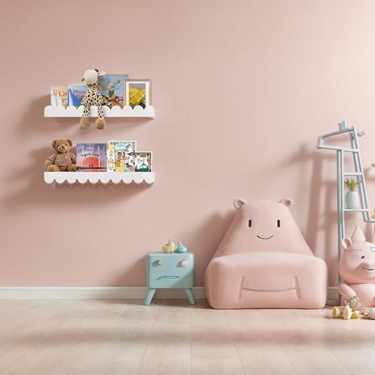 Floating Nursery Book Shelves, Scalloped Shelves for Kids Room 20 Inches, Nursery Bookshelf for Wall Set of 2, Nursery Shelves for Wall Wood, White