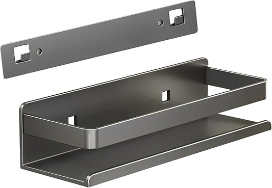 Stainless Steel Wall Mounted Floating Shelves, Drill-Free Adhesive or Screw In, Rustproof Bathroom Organizer & Kitchen Spice Storage Rack, Detachable Metal Display Shelf for Living Room, Gray