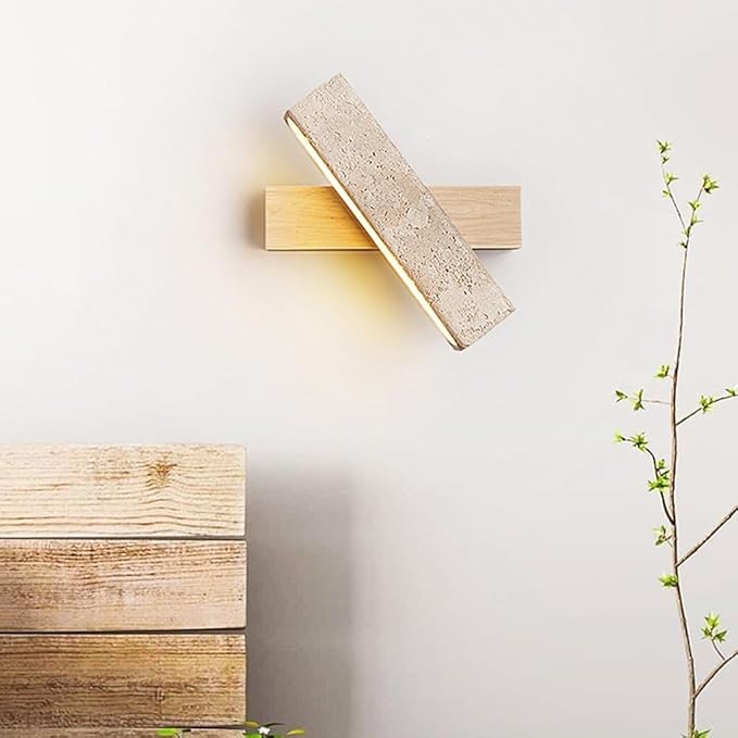 Modern LED Wall Sconce Wood Base Travertine Style Bar Light Minimalist Japandi Fixture Asymmetrical Design for Bedroom Hallway Living Room Accent(Natural)