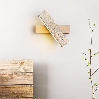 Modern LED Wall Sconce Wood Base Travertine Style Bar Light Minimalist Japandi Fixture Asymmetrical Design for Bedroom Hallway Living Room Accent(Natural)
