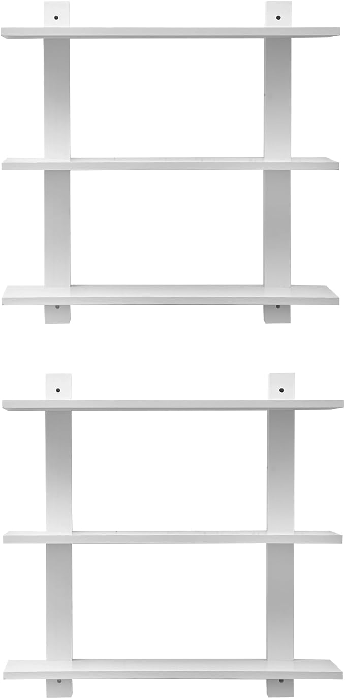 3 Tier Floating Shelves,Long Wall Shelf,Over The Toilet Shelves Bathroom Hanging Display Storage Rustic for Living Room Bedroom Kitchen Office Coffee Bar Decor Decorative,24 Inch,2 Pack,(White)