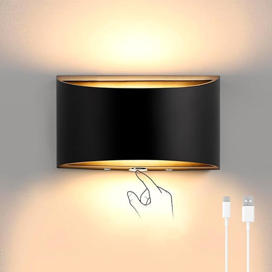 LED Wall Sconce Battery Operated, Modern Aluminum Wall Mount Light Rechargeable, Touch Control Dimmable Wall Lamp Black, Up Down Wall Lights Indoor for Living Room Bedroom Hallway Stair, Warm White