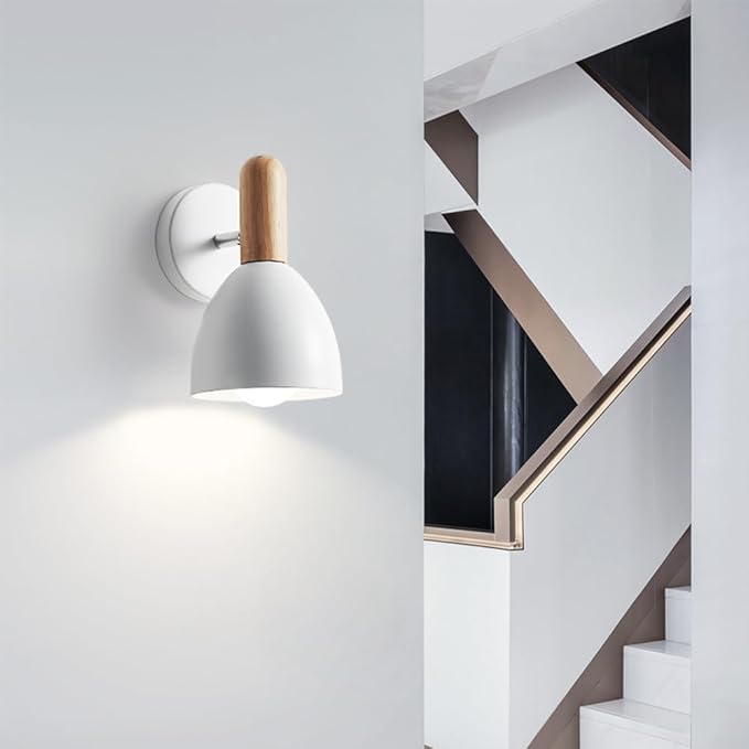 Modern Hardwired Wall Sconces, White Metal Wall Mount Lamp for Bedside Bedroom Living Room, Wooden Indoor Wall Light with E27 Buld