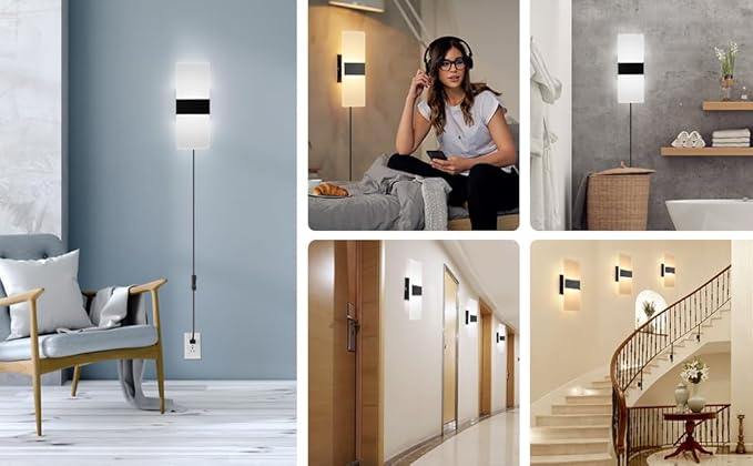 Plug in Wall Sconce with Stepless Adjustable 3000K-6500K Colors and 10%-100% Brightness, 12W Acrylic LED Wall Light with Remote, Hardwire or Plug-in (1 Pack, Black)
