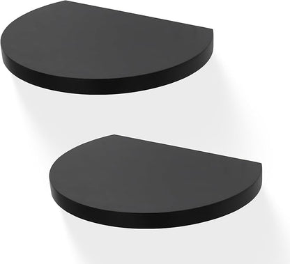Small Wood Floating Shelves (2-Pack, 8-inch Diameter) - Round Sturdy Invisible Wall Mount Display for Small Plants,Toys,Bathroom,Living Room Storage & Modern Rustic Décor (Black)