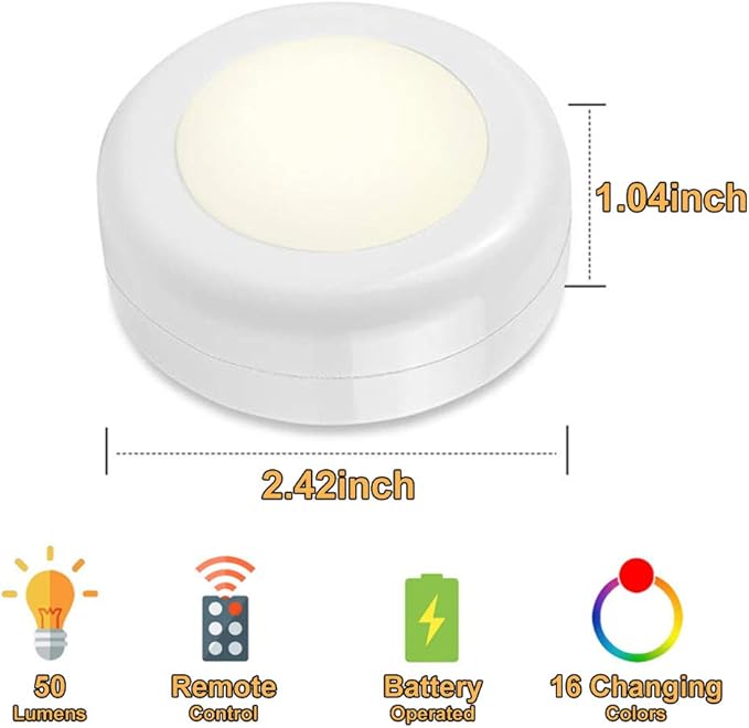 Wireless 16 Color Changing LED Puck Light 12 Pack LED Under Cabinet Lighting Closet Light Battery Powered Night Lights with Remote Control Dimmer & Timing Function