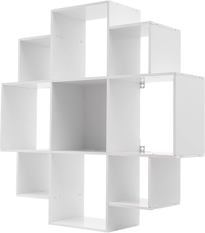 3-Tiers Wall Mounted Geometric Bookshelf, Morden Irregular Nine-Grid Bookshelf, 90cm Tall Decorative Display Shelf (White)