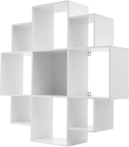 3-Tiers Wall Mounted Geometric Bookshelf, Morden Irregular Nine-Grid Bookshelf, 90cm Tall Decorative Display Shelf (White)