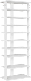 HOOBRO 10 Tiers Vertical Shoe Rack, Wooden Shoe Storage Organizer with Hooks, Narrow Shoe Tower for 20 Pairs, Space Saving, for Entryway, Living Room, Bedroom, White WT140XJ01