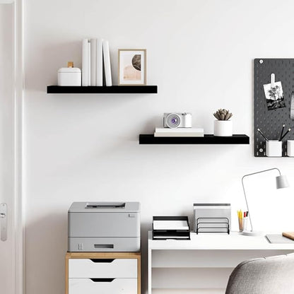 Modern Floating Wall Shelves Set of 2, High Gloss Black Honeycomb MDF with Metal Brackets for Home Storage and Display