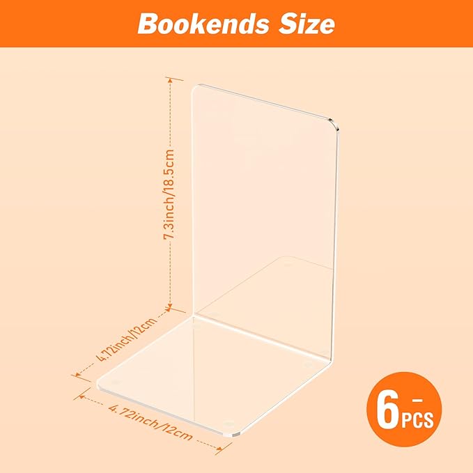 Acrylic Bookends 6 Pcs, Clear Book Ends for Shelves, Transparent Organizer, Holder Stand Decorative, Stoppers for Heavy Duty Books, CD, File, Video Games