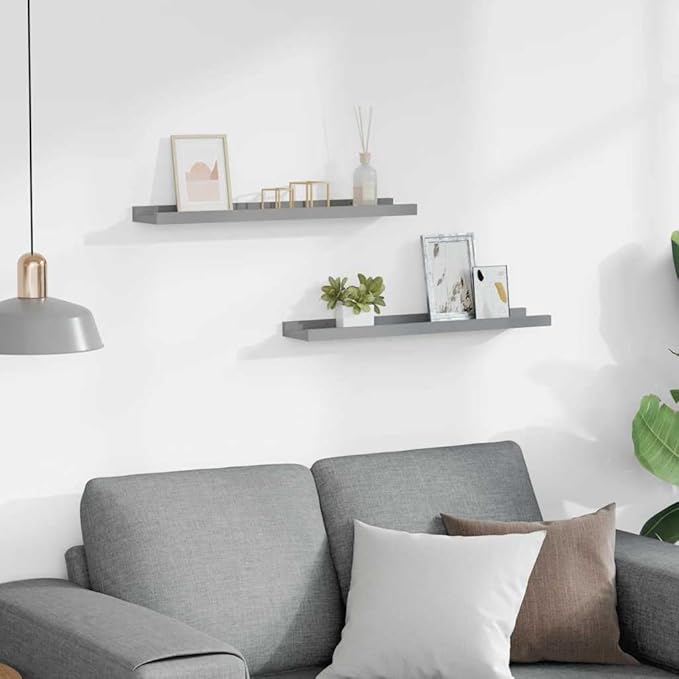 Frame Ledge Shelf Set of 2 Grey MDF Medium Wall Mounting Floating Picture Display for Photos Artwork Modern Decor Living Room Bedroom