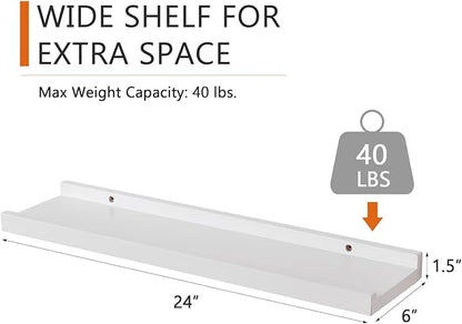 Floating Shelf White Oak Wood Wall Shelves 24 Inch (Upgrade Width 6"), Display Picture Ledge Shelf for Bedroom Living Room Bathroom Office Kitchen Wall Storage Shelves