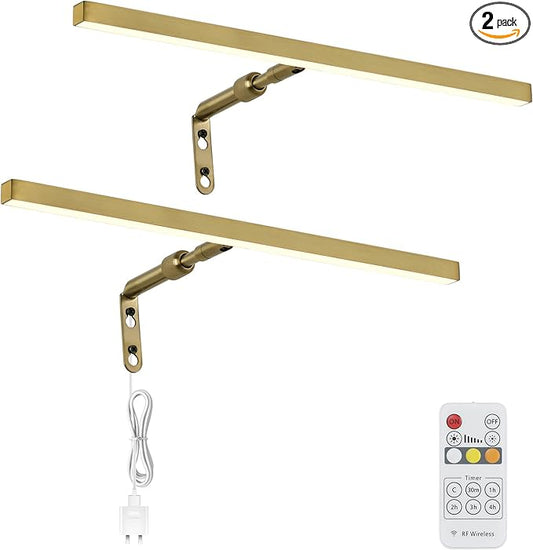 2 Pack Brass Picture Lights for Paintings Plug in, 16" 4W Adjustable LED Gold Picture Light Art Light, Remote Control Gallery Painting Wall Light for Picture Display Dartboard Art Work (Gold)