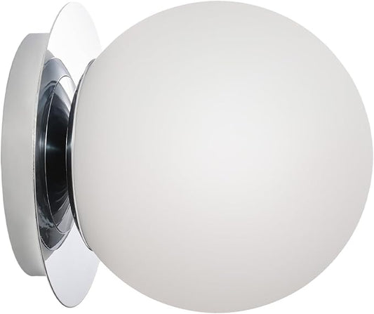 Modern Glass Globe Wall Sconce: Chrome Single Light with Milk Glass Shade - Minimalist Spherical Vanity Sconces over Mirror - Contemporary Ball Wall Lights Fixtures for Entryway Bulb Not Included