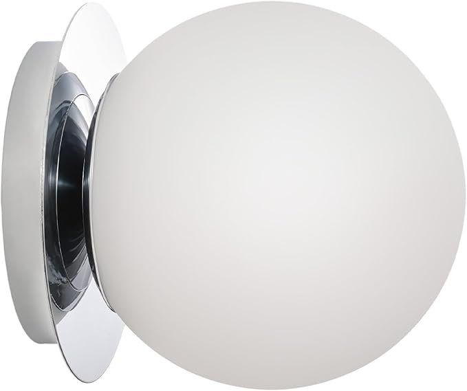 Modern Glass Globe Wall Sconce: Chrome Single Light with Milk Glass Shade - Minimalist Spherical Vanity Sconces over Mirror - Contemporary Ball Wall Lights Fixtures for Entryway Bulb Not Included