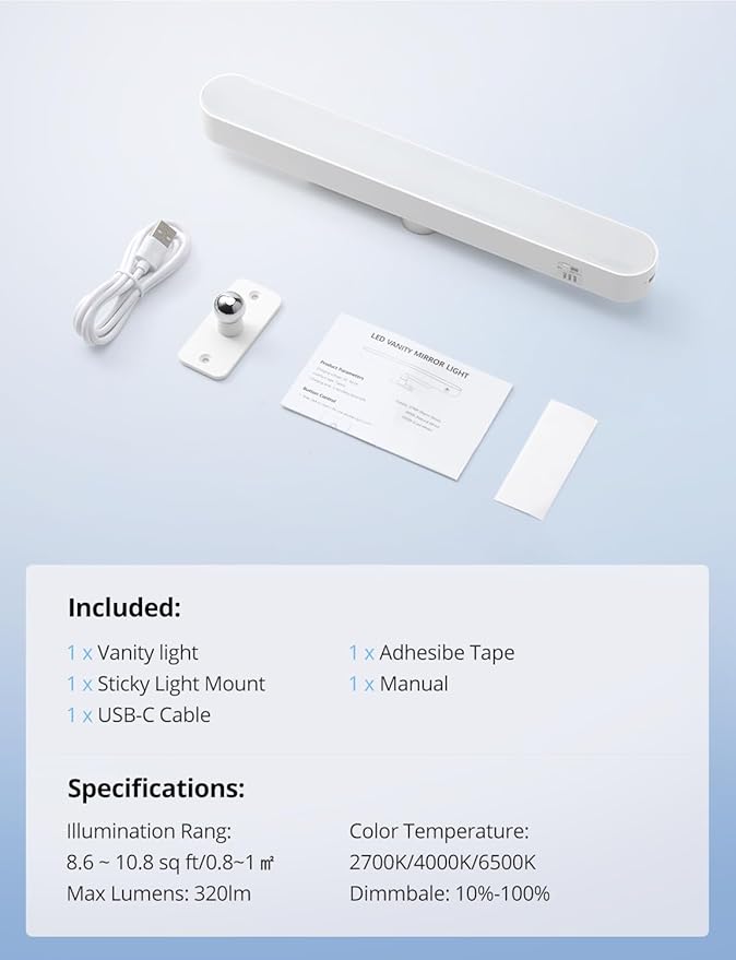 Combuh Rechargeable Makeup Light Bar LED Stick on Vanity Lighting for Mirror, 11Inch Super Bright 14 Days Long Last Battery Operated Wireless Attachable Wall Lamp for Bathroom Dresser Counter
