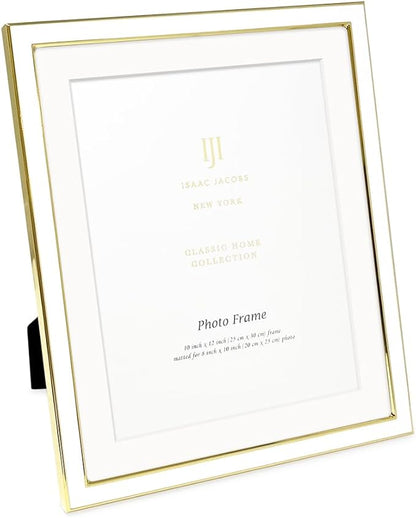 Isaac Jacobs 10x12 (Matted 8x10) White Enamel Picture Frame with Gold Metal Edge and Easel, Tabletop Display, Wall Décor, Photo Gallery, (10x12 (Matted 8x10), White with Gold)