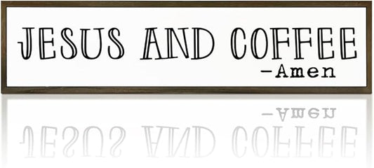 Christian Coffees Decor, Wall Decor Art, Rustic Coffee Station Decors, Coffees Home Decoration for Kitchen, Farmhouse Wall Plaque, Desktop Decors, Jesus and Coffee Amen Sign 17.8x4x1.2 inches
