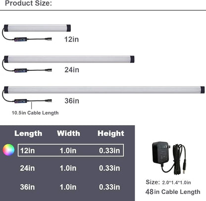 Dimmable Under Cabinet Lighting, RGB LED Light Bar, RF Remote Control Lamp, Multicolor Under Counter Lights for Desk, Room, Cupboard, Hallway, Shelf, Closet (12 Inch)