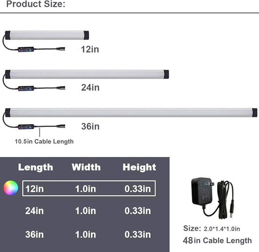 Dimmable Under Cabinet Lighting, RGB LED Light Bar, RF Remote Control Lamp, Multicolor Under Counter Lights for Desk, Room, Cupboard, Hallway, Shelf, Closet (12 Inch)