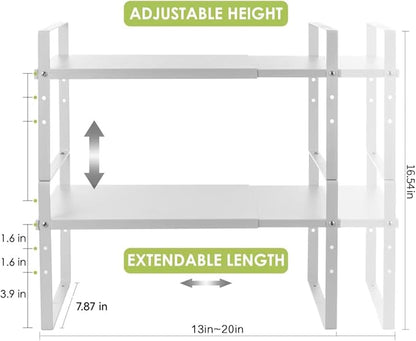 Expandable Cabinet Shelf Organizer Rack, Stackable Kitchen Counter Storage Shelves Stand, Adjustable Height Pantry Shelf Spice Rack (White, 2 Pack)