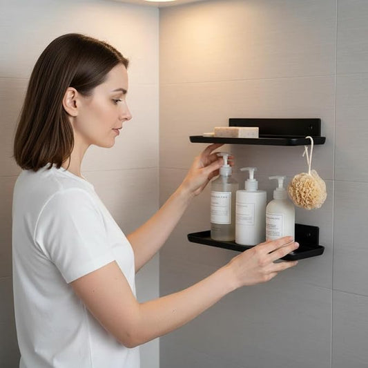 Adhesive Floating Shelves No Drill Floating Shelf for Wall Storage Damage-Free Wall Mounted Organizer for Bathroom, Kitchen, Bedroom & Office (Black, 4 PCS)