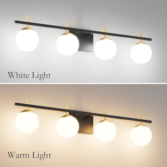 Ralbay Mid Century Modern Vanity Light Fixture 4-Light Milky Glass Modern Bathroom Vanity Lights Over Mirror, Black/Golden Modern Vanity Light for Bathroom Black and Gold 4 Light(Exclude Bulb)