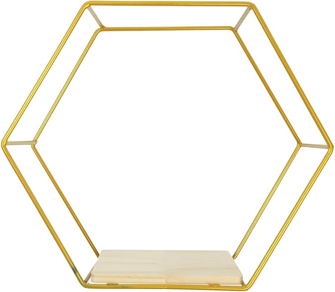 3 Pieces Hexagon Floating Shelves, Hexagon Wall Shelves, Gold Metal Wall Shelves with Wooden Panels – Modern Wall Decor for Bedroom, Living Room & Office Storage (Gold)