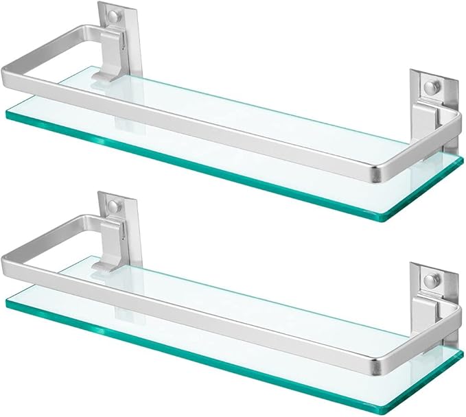 2-Pack Tempered Glass Bathroom Shelf with Rail, 15