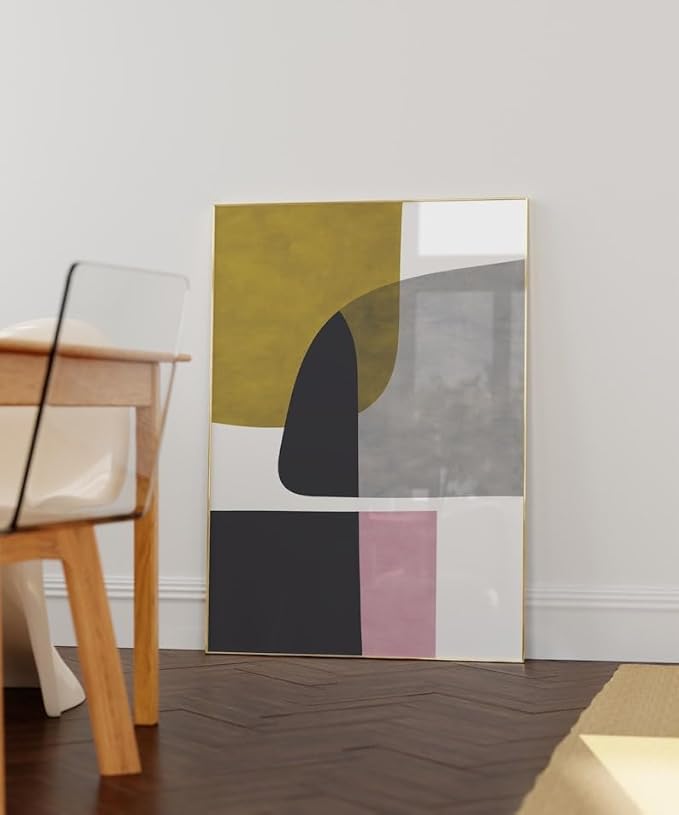Nationcog Modern Mustard Yellow Black Pink Minimalist Art, Mid-Century Contemporary Wall Decor, Large Abstract Home Accent, Handmade Gift Design (Unframed) (16x24)