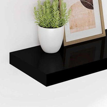 Set of 2 High Gloss Black Honeycomb MDF Floating Wall Shelves with Metal Brackets for Modern Home Storage and Display