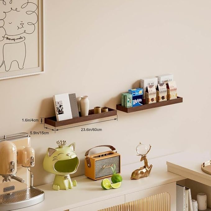 Floating Shelves for Wall, Wooden Wall Shelves for Bedroom Living Room Kitchen, Modern and Rustic Bathroom Shelves with Raised Lip, Decor Floating Shelf for Storage (Walnut-Like,2 Set,23.6 in)