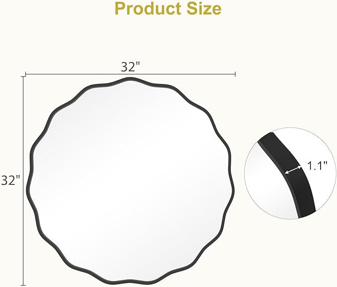 WallBeyond Round Wavy Mirror for Wall Decorative 32 inch, Modern Round Mirror Aluminum Frame for Bathroom Bedroom Living Room Home House Office Entryway, Black