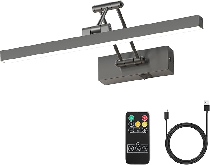 Rechargeable Lights for Pictures on wall Battery Operated Brushed Grey 15.7 Inch Wall Lights with Swing Arm and Timer Function Cordless Art Light with Remote Timer for Paintings,Gallery