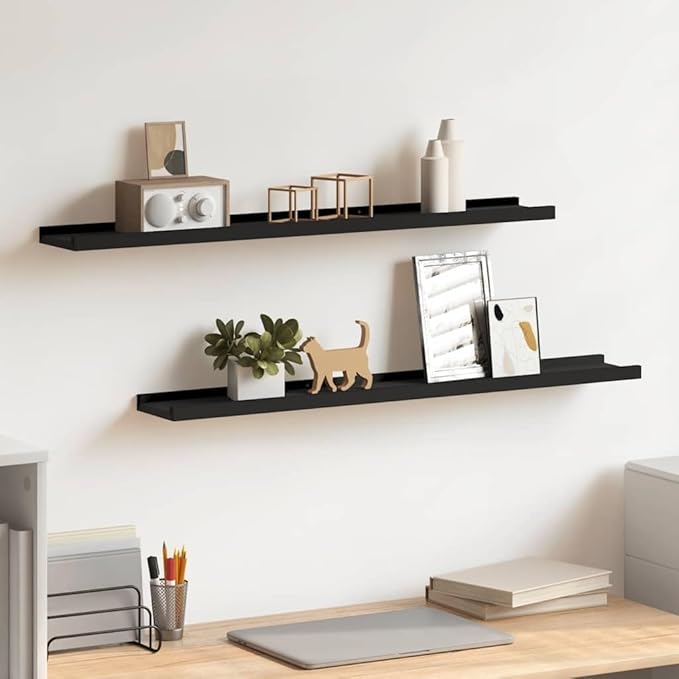 Picture Frame Ledge Shelves 2 Pack, Black Wall Mounted Display Shelves for Photos 31.5 Inch, U-Shaped Floating Shelf for Home Decor, Easy Install MDF Board with Front Edge to Showcase Memories