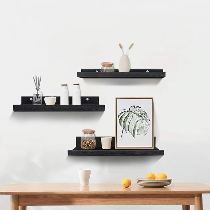 Lavezee 24 Inch Black Wall Mounted Floating Shelves Set of 3, Picture Shelving Ledge for Kitchen, Living Room, Bedroom, Office