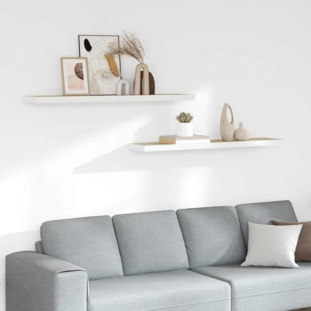 Floating Wall Shelf Set of 2 in Oak and White Honeycomb MDF with Metal Brackets, Modern Minimalist Storage for Home and Office Display