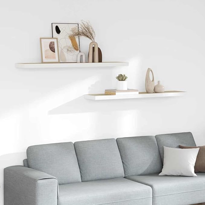 Floating Wall Shelf Set of 2 in Oak and White Honeycomb MDF with Metal Brackets for Modern Home Office Display and Storage