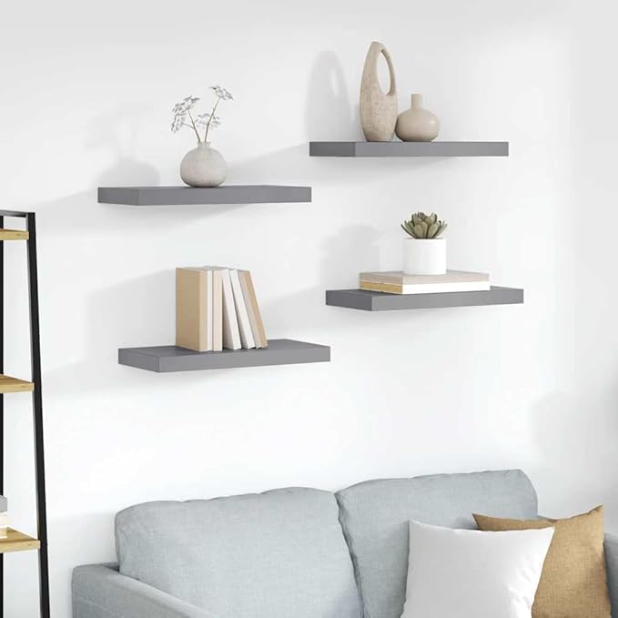 Wall Shelf Set of 4 Gray Honeycomb MDF Metal Medium Floating Shelves Modern Storage Solution with Invisible Mounts for Home Decor