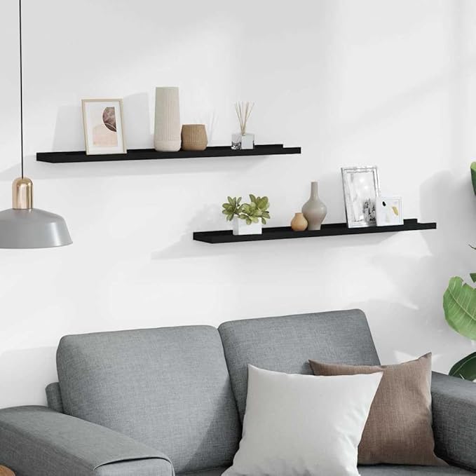 Picture Frame Ledge Shelves 2 Pack, Black Wall Mounted Display Shelves for Photos 31.5 Inch, U-Shaped Floating Shelf for Home Decor, Easy Install MDF Board with Front Edge to Showcase Memories