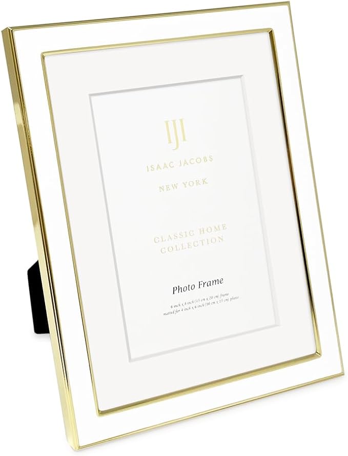 Isaac Jacobs 6x8 (Matted 4x6) White Enamel Picture Frame with Gold Metal Edge and Easel, Tabletop Display, Wall Décor, Photo Gallery, (6x8 (Matted 4x6), White with Gold)