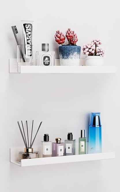 Albumgit 2 Pack Acrylic Shelves for Wall Storage, Self-Adhesive 15" White Floating Shelf for Figures, Photo, Makeup, Book, Wall Mounted Shelves for Bathroom, Living Room, Bedroom, Kitchen