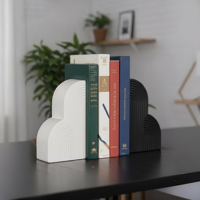 6.6‘’ Decorative Resin Book Ends for Shelves - Modern Bookends for Heavy Books - Minimalist Book Stopper for Aesthetic Home Office Bookshelf Decor - Stylish Gifts for Book Lovers (Black and White)