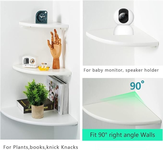 White Corner Shelf, Wall Mount Natural Oak Wood Floating Corner Wall Shelf Round End Small Corner Nightstand Plant Shelf for Bedroom, Kitchen, Living Room 12inch