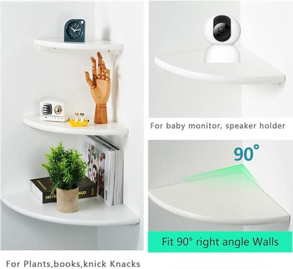 White Corner Shelf, Wall Mount Natural Oak Wood Floating Corner Wall Shelf Round End Small Corner Nightstand Plant Shelf for Bedroom, Kitchen, Living Room 12inch
