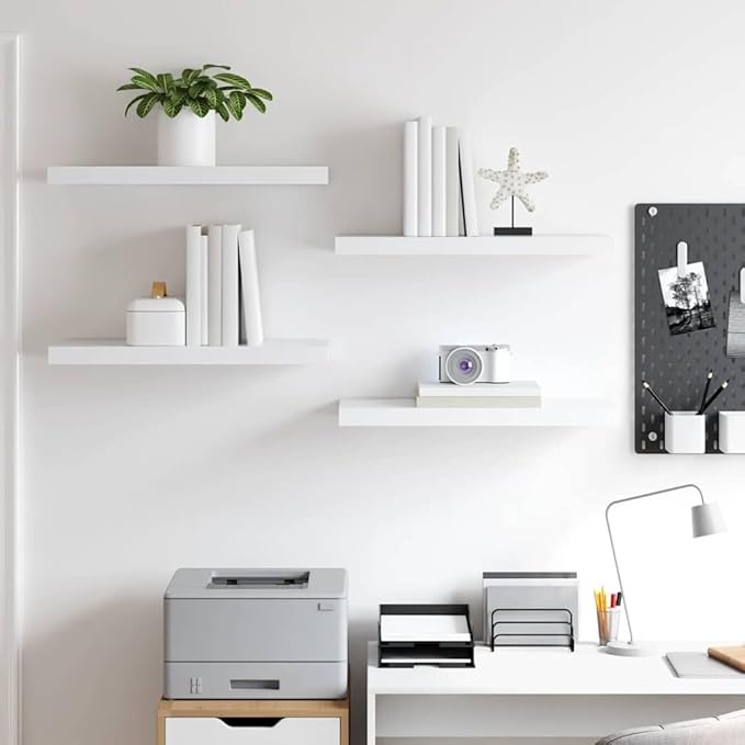Set of 4 White Honeycomb Floating Wall Shelves, Modern MDF and Metal Design for Living Room Bedroom Office Storage and Display