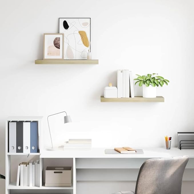Set of 2 Oak Floating Wall Shelves with Honeycomb MDF and Metal Brackets, Minimalist Modern Display Storage for Living Room Bedroom Office