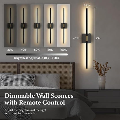 Wall Sconces Set of 2 Battery Operated, Wireless USB Rechargeable Wall Lights with Remote Control, 360° Rotation, 8000mAh LED Dimmable Picture Lamp for Living Room,Bedroom,Hallway (30in Black)